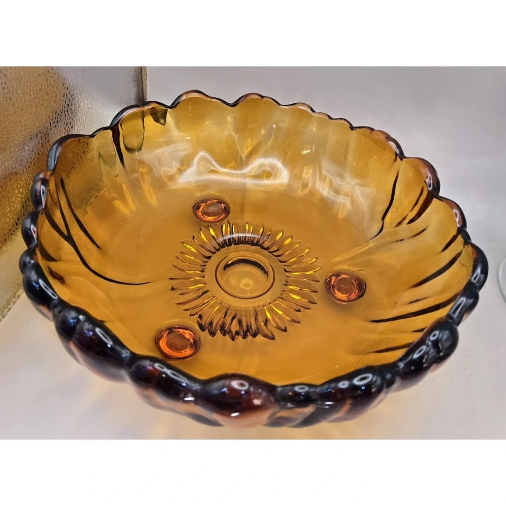 Vintage Sunflower Designed Lg. Bowl Deep Amber Scalloped‎ Edge On The Bottom